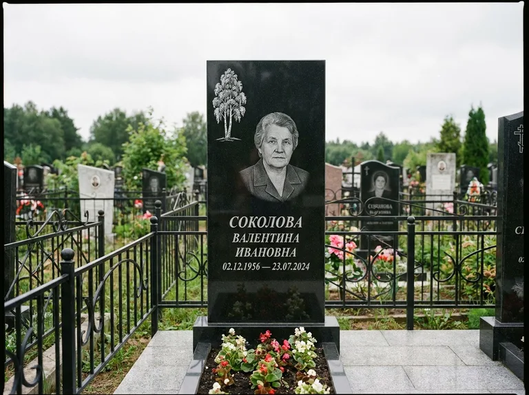 Памятник с гравировкой берёзы — гравировка одинокой берёзы над именем, работа «Соколова» в Ярославле