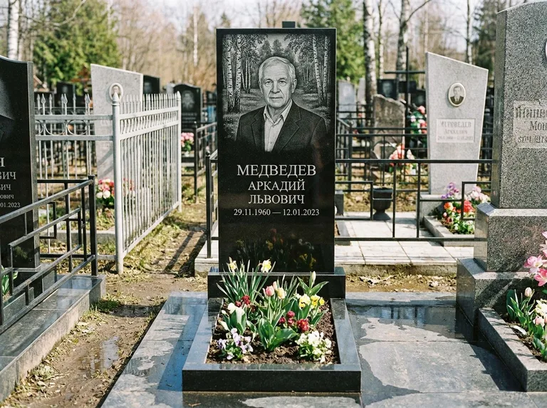 Памятник с гравировкой берёзы — гравировка берёзовой рощи в глубину, работа «Медведев» в Ярославле