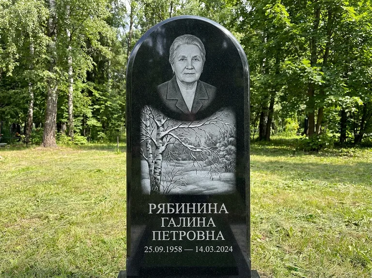 Памятник с гравировкой берёзы: стела с плавным арочным верхом — зимняя берёза, снег на ветвях, газон без ограды, стриженая трава, работа «Рябинина» в Ярославле