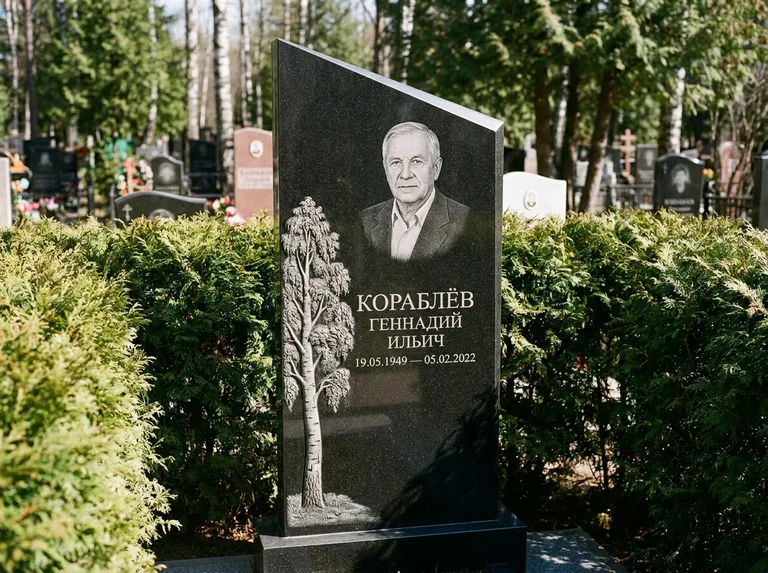 Памятник с гравировкой берёзы: асимметричная скошенная стела — объёмная одинокая берёза с фактурной корой, живая изгородь из туи, работа «Кораблёв» в Ярославле