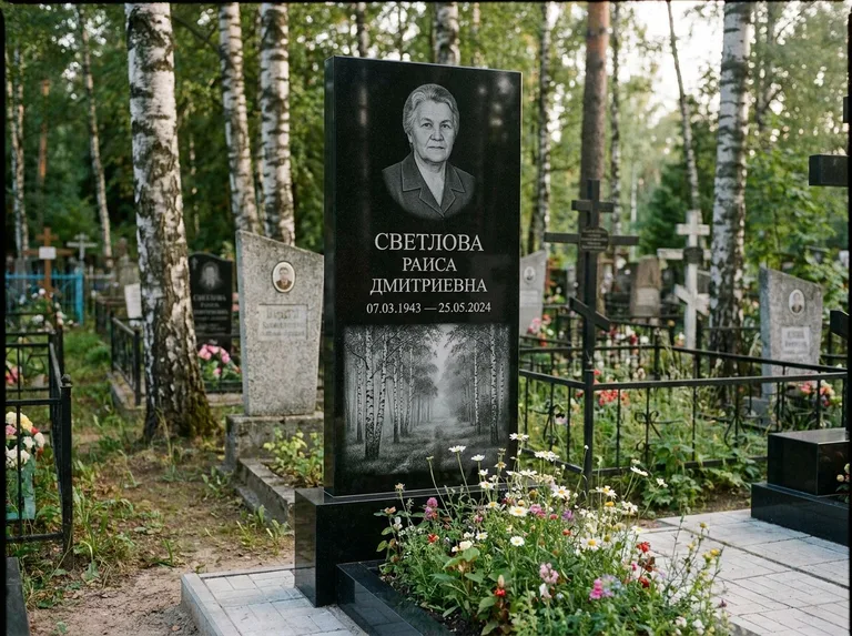 Памятник с гравировкой берёзы: двойная семейная стела — берёзовая роща в лёгкой дымке, цветник с полевыми цветами, работа «Светлова» в Ярославле