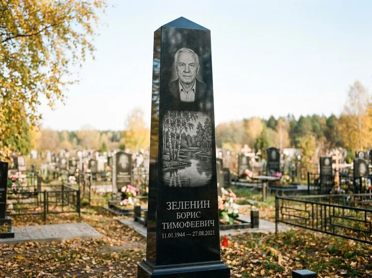 Памятник с гравировкой берёзы: гранёный обелиск-колонна — берёза у воды с отражением, открытый участок, мягкий свет, работа «Зеленин» в Ярославле