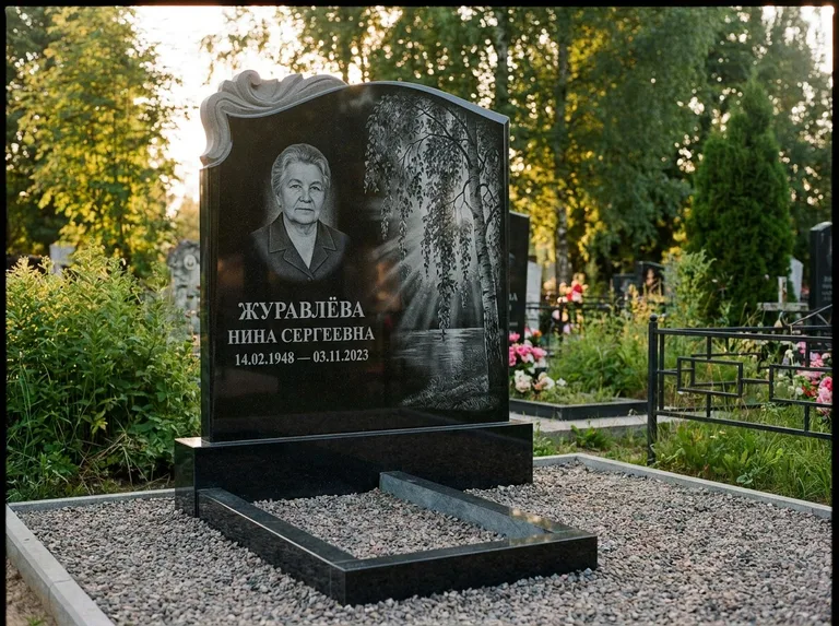Памятник с гравировкой берёзы: стела с фигурным резным верхом — плакучая берёза в контровом свете, гравийная отсыпка, рассвет, работа «Журавлёва» в Ярославле