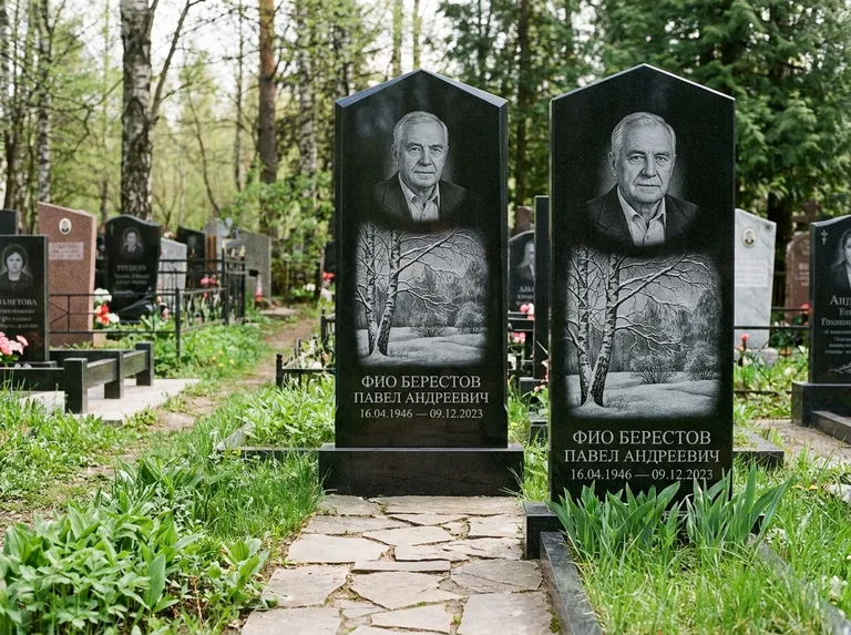 Памятник с гравировкой берёзы: массивная стела с двускатным навершием — зимняя берёза, снег на ветвях, дорожка из природного плитняка, работа «Берестов» в Ярославле