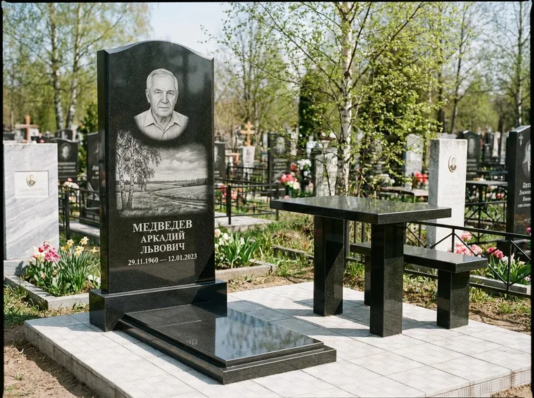 Памятник с гравировкой берёзы: стела с гранитным столиком и скамьёй — берёза у поля, простор до горизонта, семейный участок с плиткой, работа «Медведев» в Ярославле