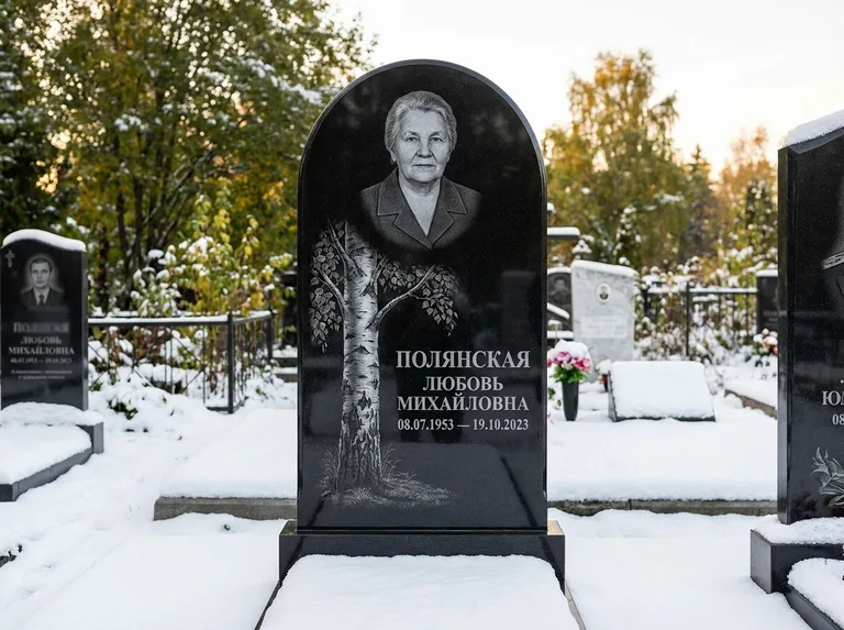 Памятник с гравировкой берёзы: полукруглая стела — объёмная одинокая берёза с фактурной корой, заснеженный зимний участок, работа «Полянская» в Ярославле