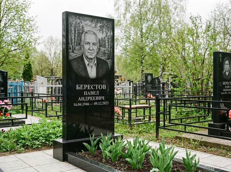 Памятник с гравировкой берёзы — гравировка берёзовой рощи в глубину, работа «Берестов» в Ярославле