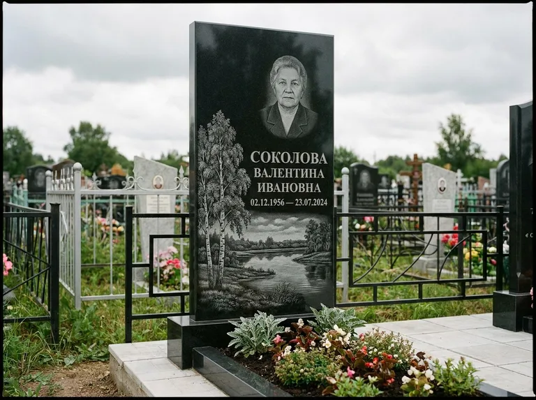 Памятник с гравировкой берёзы — гравировка берёзы у зеркального озера, работа «Соколова» в Ярославле