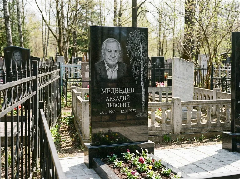 Памятник с гравировкой берёзы — гравировка плакучей берёзы с тонкими ветвями, работа «Медведев» в Ярославле