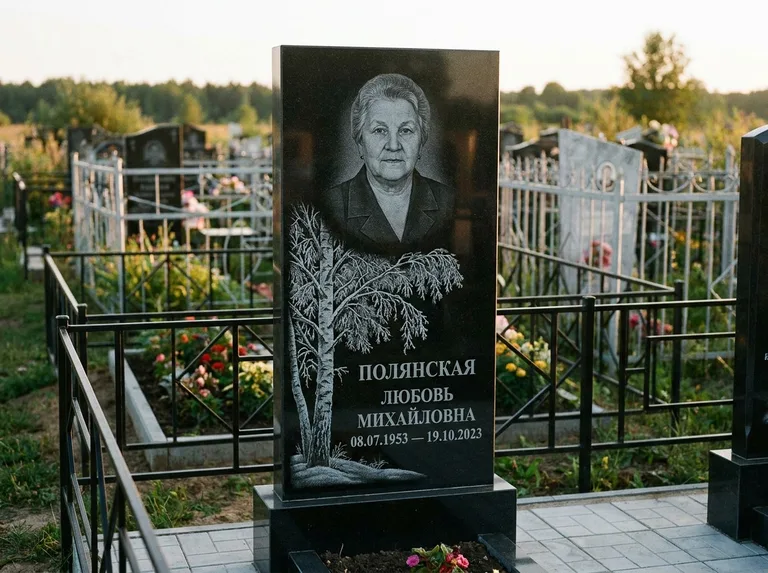 Памятник с гравировкой берёзы — гравировка зимней берёзы в инее, работа «Полянская» в Ярославле