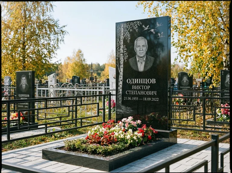 Памятник с гравировкой берёзы — гравировка берёзы с журавлиным клином в небе, работа «Одинцов» в Ярославле