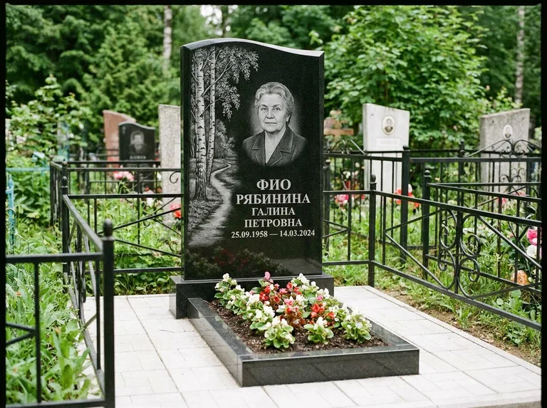 Памятник с гравировкой берёзы — гравировка берёзы у тропинки, уходящей вдаль, работа «Рябинина» в Ярославле