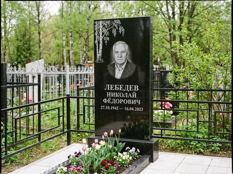 Памятник с гравировкой берёзы — гравировка одинокой берёзы над именем, работа «Лебедев» в Ярославле
