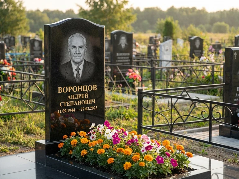 Гравировка фото на памятнике в Ярославле — готовый гравированный портрет на чёрном граните