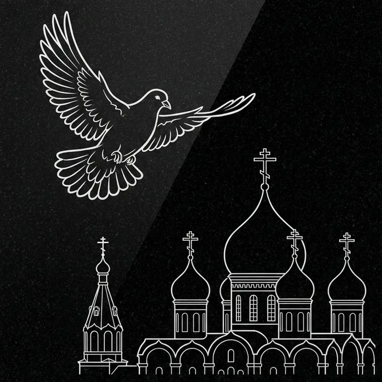 Эскиз гравировки голубей на памятник — голубь в небе над храмом в Ярославле