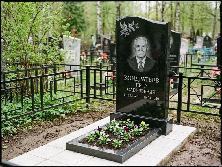 Памятник с гравировкой голубей — гравировка пары голубей на ветке в верхнем углу стелы, работа «Кондратьев» в Ярославле