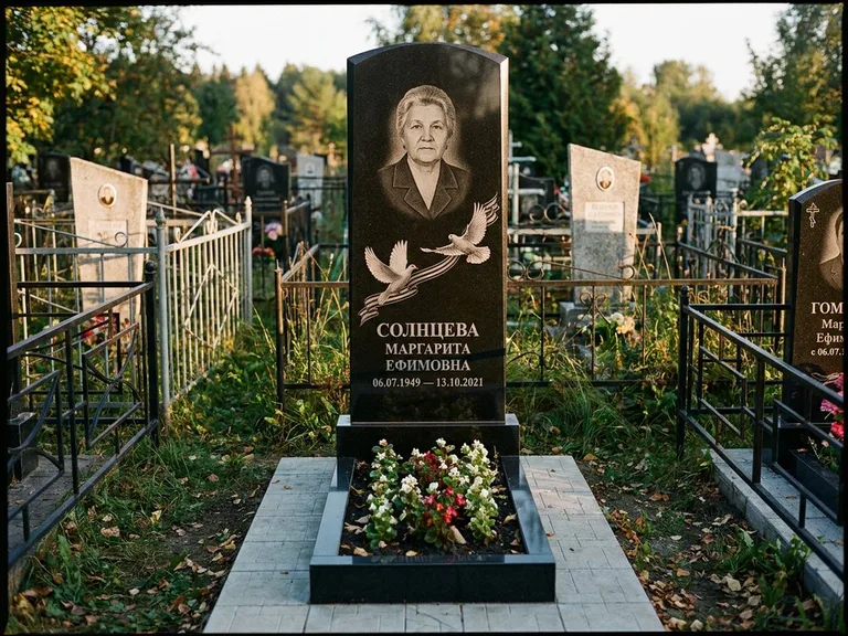 Памятник с гравировкой голубей — гравировка двух летящих голубей с лентой по диагонали стелы, работа «Солнцева» в Ярославле