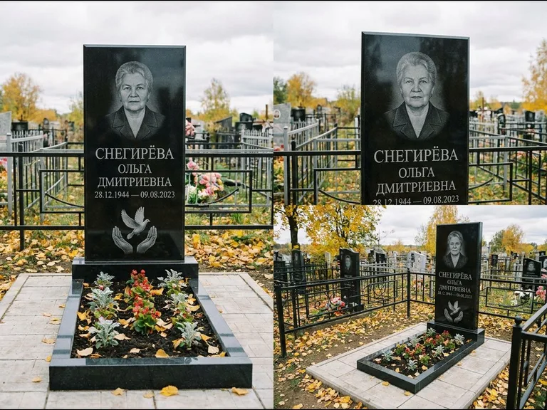 Памятник с гравировкой голубей — гравировка голубя над раскрытыми ладонями внизу стелы, работа «Снегирёва» в Ярославле