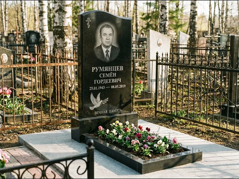 Памятник с гравировкой голубей — гравировка голубя с оливковой ветвью рядом с эпитафией, работа «Румянцев» в Ярославле