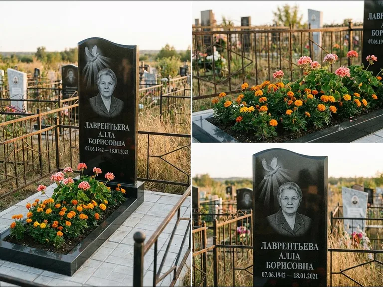 Памятник с гравировкой голубей — гравировка голубя в лучах света над портретом, работа «Лаврентьева» в Ярославле
