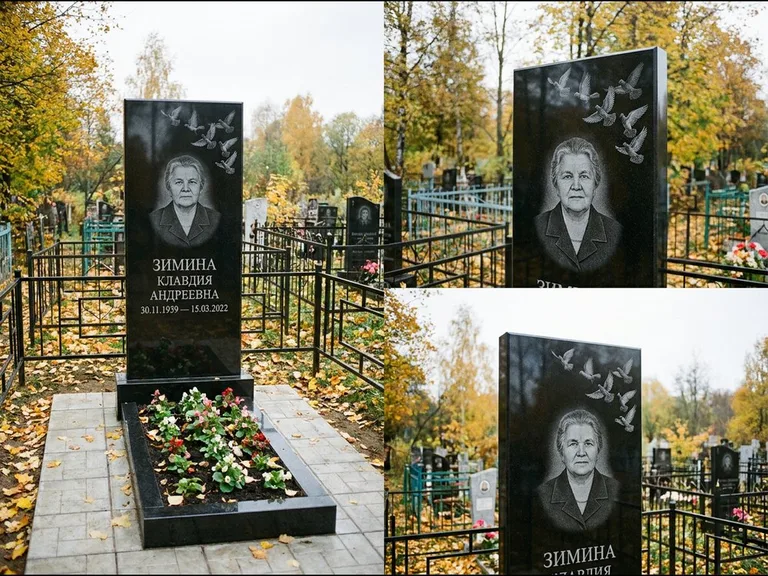 Памятник с гравировкой голубей — гравировка стаи голубей, взлетающей от угла стелы, работа «Зимина» в Ярославле