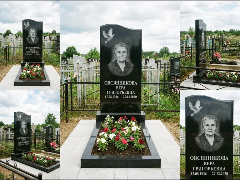 Памятник с гравировкой голубей — белая гравировка взлетающего голубя над портретом, работа «Овсянникова» в Ярославле