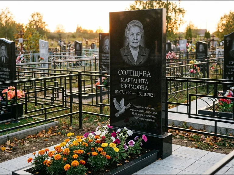 Памятник с гравировкой голубей — гравировка голубя с оливковой ветвью рядом с эпитафией, работа «Солнцева» в Ярославле