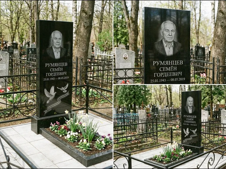 Памятник с гравировкой голубей — гравировка двух летящих голубей с лентой по диагонали стелы, работа «Румянцев» в Ярославле