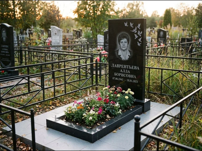 Памятник с гравировкой голубей — гравировка стаи голубей, взлетающей от угла стелы, работа «Лаврентьева» в Ярославле
