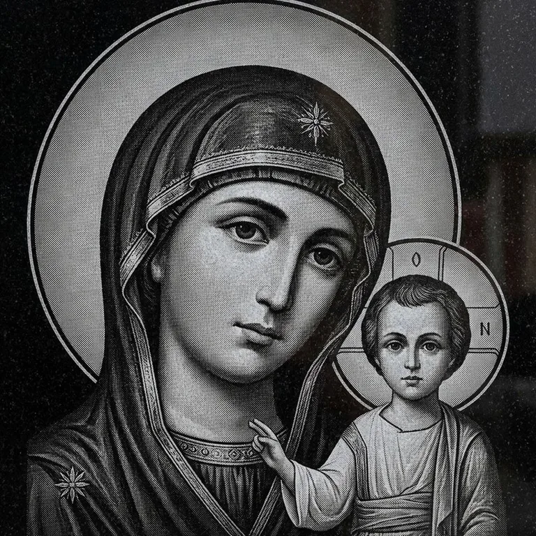 Эскиз иконы: Казанская (полутон) — детальный образ Богородицы, гравировка на памятник в Ярославле