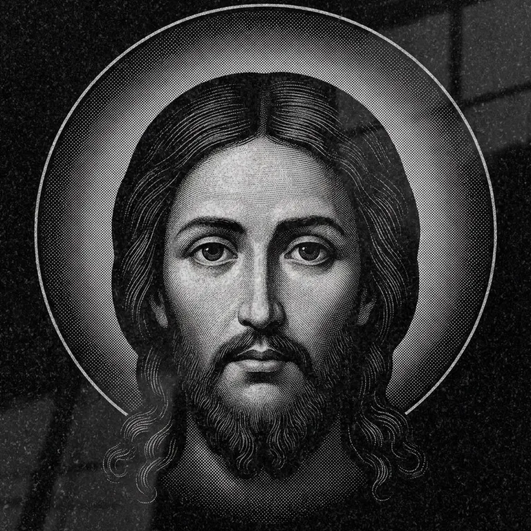 Эскиз иконы: Спас Нерукотворный (полутон) — детальный лик на убрусе, гравировка на памятник в Ярославле