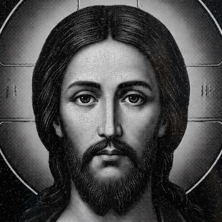 Эскиз иконы: Спас Вседержитель (полутон) — объёмный лик, светотень, гравировка на памятник в Ярославле