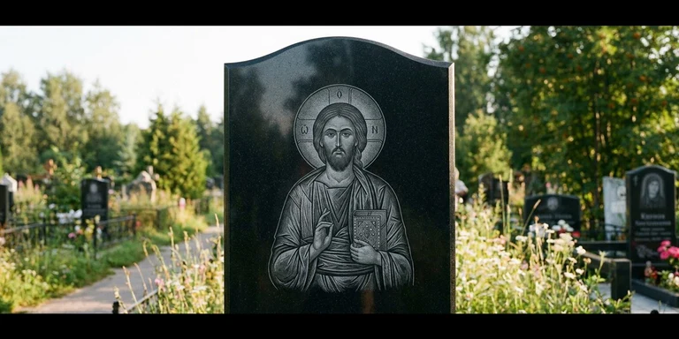 Иконы для гравировки на памятник в Ярославле — образ на стеле из чёрного гранита с ручной доводкой лика