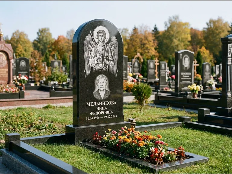 Памятник с гравировкой иконы — икона над портретом усопшего, работа «Журавлёв» в Ярославле