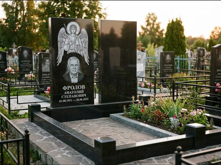 Памятник с гравировкой иконы: стела с резной рамкой вокруг иконы — Архангел Михаил на стеле, белая мраморная крошка с бордюром, работа «Богданова» в Ярославле