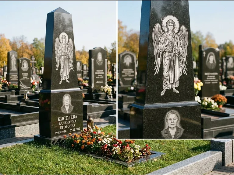 Памятник с гравировкой иконы: асимметричная скошенная стела — гравировка образа Спасителя, живая изгородь из кустарника, работа «Третьяков» в Ярославле