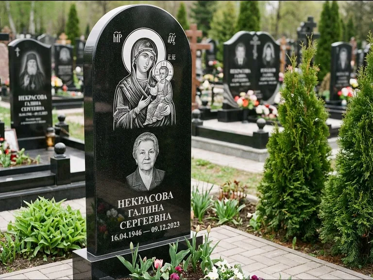 Памятник с гравировкой иконы: фигурная стела с киот-нишей под икону — икона в резной рамке-киоте, светлая гравийная отсыпка, работа «Журавлёв» в Ярославле
