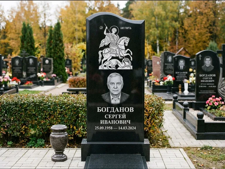 Памятник с гравировкой иконы: монументальный семейный мемориал из двух стел на общем цоколе — гравировка Николая Чудотворца, мощёная гранитная площадка без ограды, работа «Раевская» в Ярославле