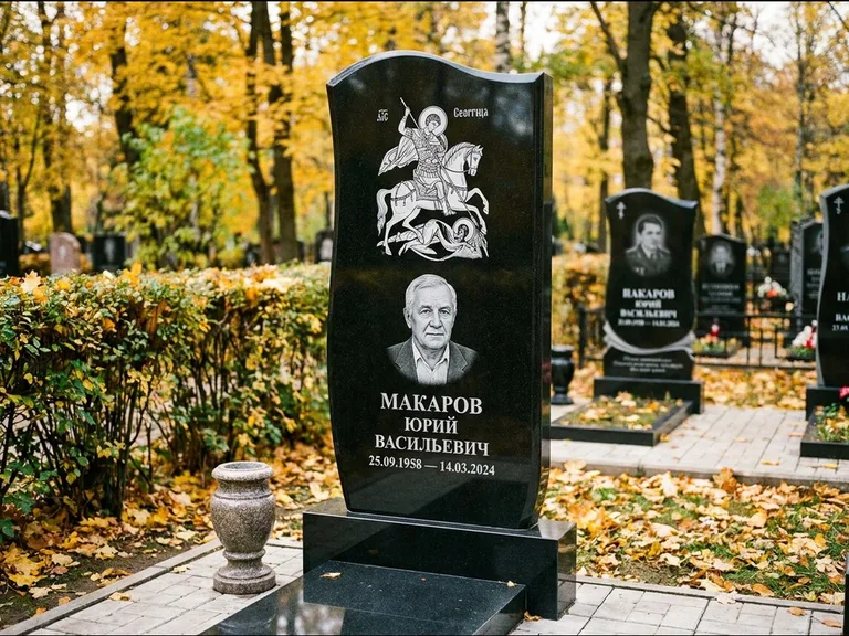 Памятник с гравировкой иконы — икона над портретом усопшего, работа «Раевская» в Ярославле