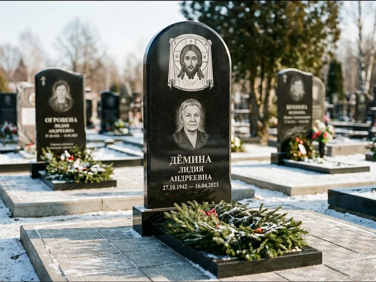 Памятник с гравировкой иконы — икона Спаса Вседержителя над именем усопшего, работа «Ковалёв» в Ярославле
