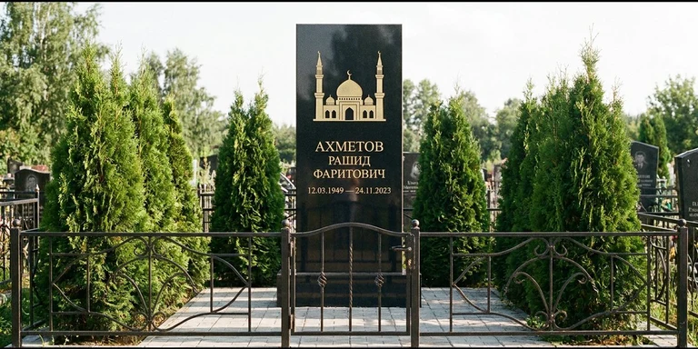 Гравировка мечети на памятник в Ярославле — стела из чёрного гранита, оформление по канонам ислама