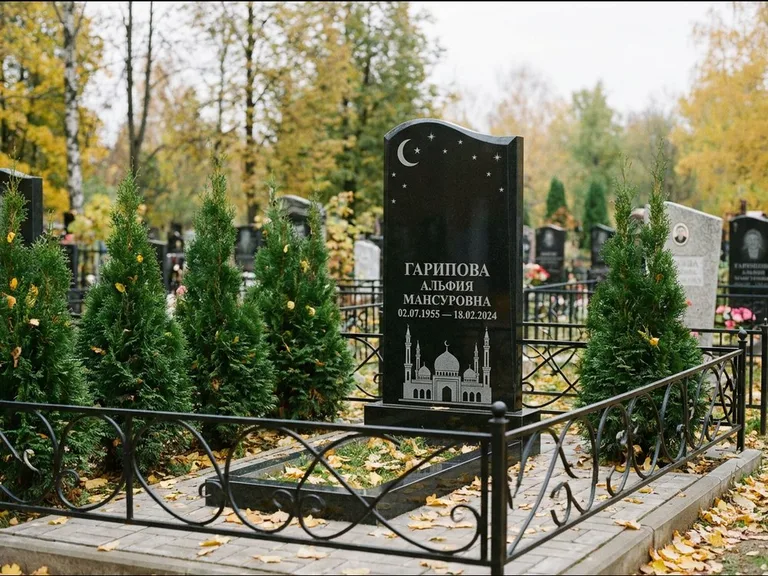 Мусульманский памятник с гравировкой мечети — мечеть с луной в ночном небе, работа «Гарипова» в Ярославле