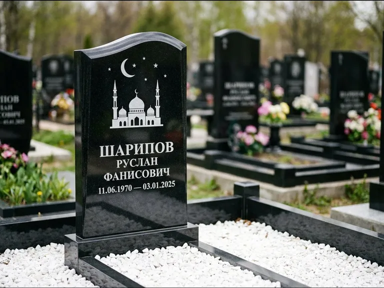 Мусульманский памятник с гравировкой мечети: стела с волнообразным скошенным верхом — гравировка мечети под полумесяцем и звёздами, белая мраморная крошка с бордюром, работа «Шарипов» в Ярославле