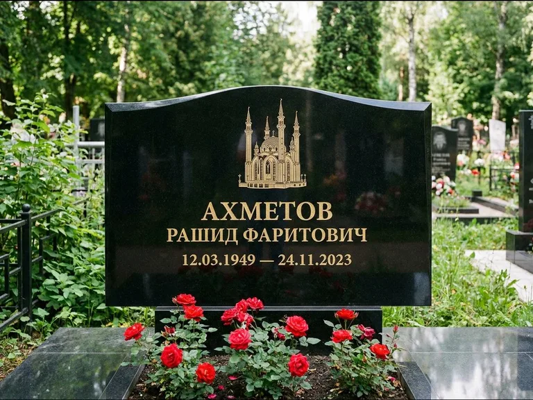 Мусульманский памятник с гравировкой мечети: широкая двойная семейная стела — золочёная гравировка мечети, цветник с красными розами, работа «Ахметов» в Ярославле