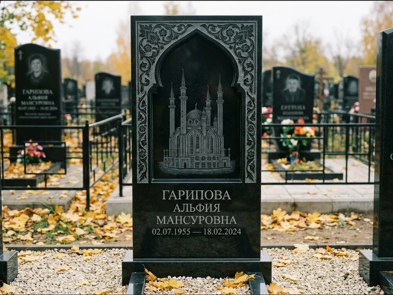 Мусульманский памятник с гравировкой мечети: фигурная стела с михраб-нишей — гравировка мечети в михраб-арке с орнаментом, светлая гравийная отсыпка, работа «Гарипова» в Ярославле