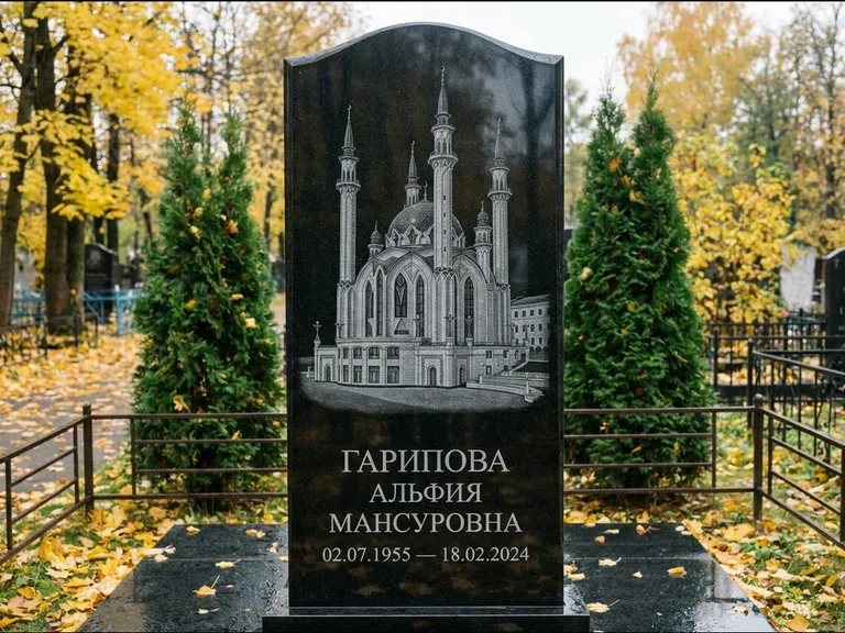 Мусульманский памятник с гравировкой мечети — мечеть Кул-Шариф на обороте стелы, работа «Гарипова» в Ярославле