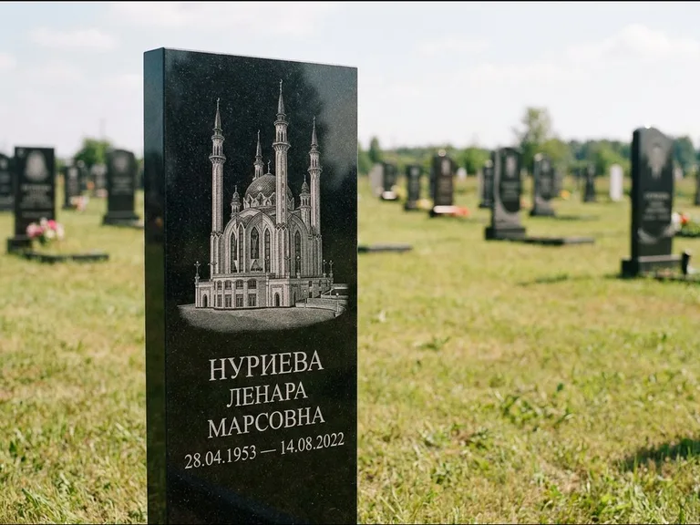 Мусульманский памятник с гравировкой мечети: узкая вертикальная стела-пилон — гравировка мечети в михраб-арке с орнаментом, открытая лужайка без ограды, работа «Хайруллина» в Ярославле