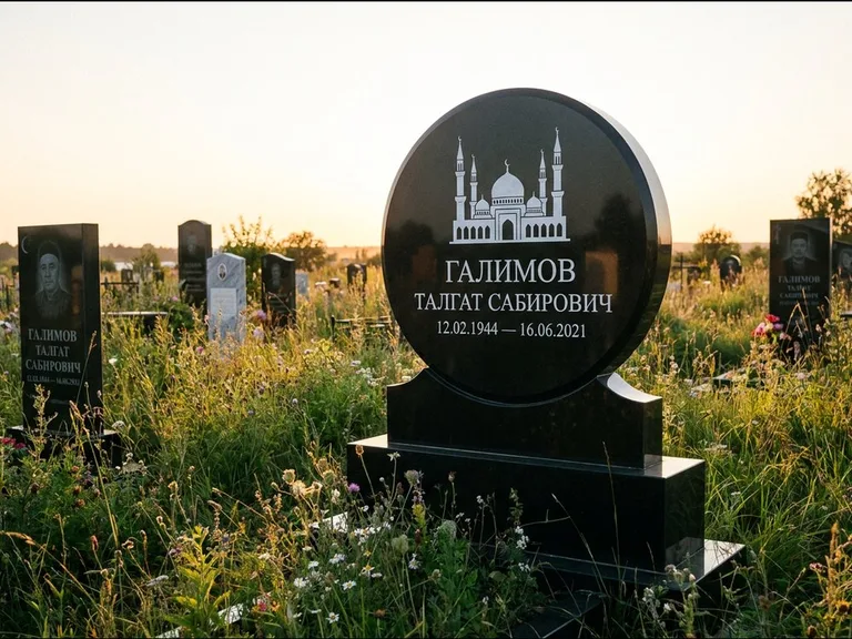 Мусульманский памятник с гравировкой мечети: округлая стела-медальон на тумбе — гравировка мечети в михраб-арке с орнаментом, луговые травы и полевые цветы, работа «Каримов» в Ярославле