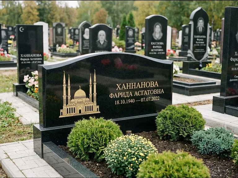 Мусульманский памятник с гравировкой мечети: вытянутая горизонтальная семейная стела с аркой — белая гравировка силуэта мечети с минаретами, участок с декоративными кустами, работа «Гарипова» в Ярославле