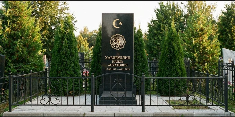 Гравировка на мусульманском памятнике в Ярославле — стела из чёрного гранита, оформление по канонам ислама